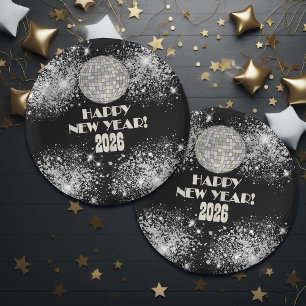 Silvesterparty 2026 Schwarz Silber Glitter Pappteller