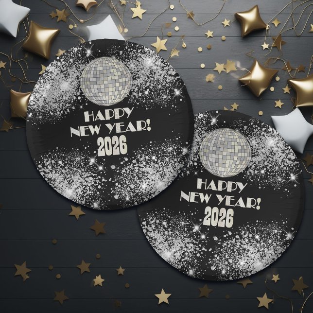 Silvesterparty 2026 Schwarz Silber Glitter Pappteller (Von Creator hochgeladen)