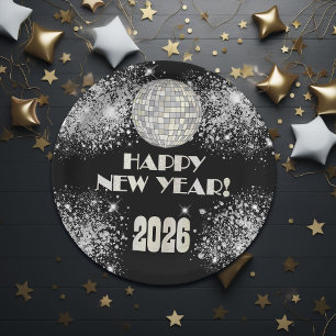 Silvesterparty 2026 Schwarz Silber Glitter Pappteller