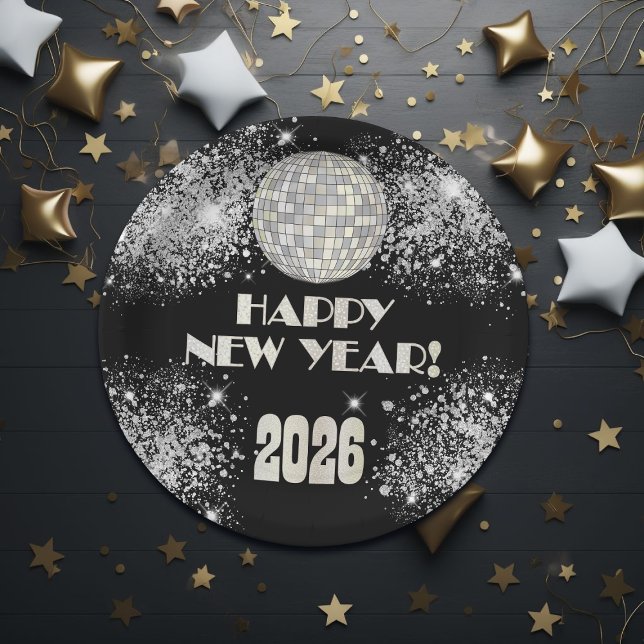 Silvesterparty 2026 Schwarz Silber Glitter Pappteller (Von Creator hochgeladen)