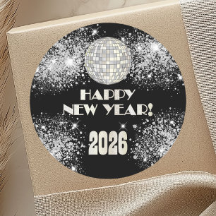 Silvesterparty 2026 Schwarz Silber Glitter Runder Aufkleber
