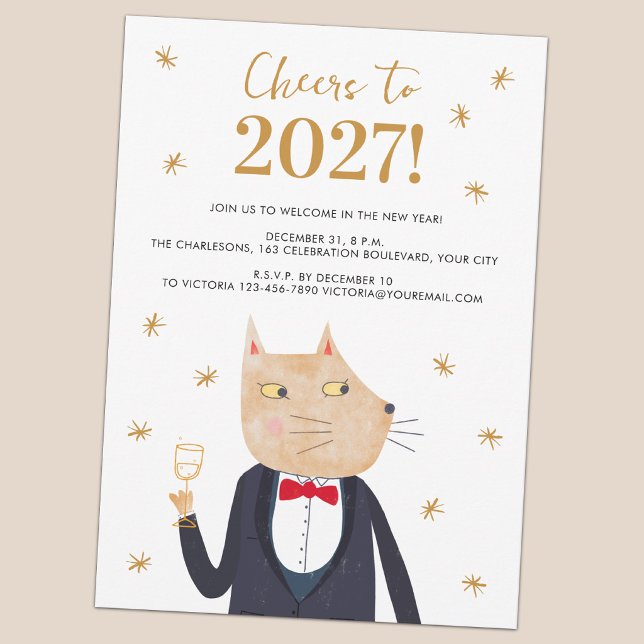 Silvesterparty-Einladung mit Katze im Smoking (Fun Cat in a Suit Cheers to 2027 New Year's Eve party invitation)