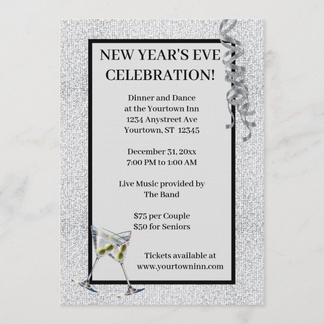 Silvesterparty mit Silberglitter Einladung (Vorderseite)