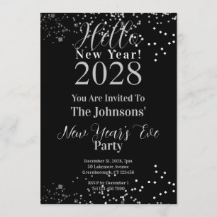 Silvesterparty Schwarz und Silber Glitter Einladung