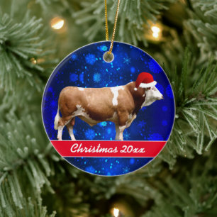 Simmental Bull and Weihnachtsmannmütze Keramik Orn Keramik Ornament