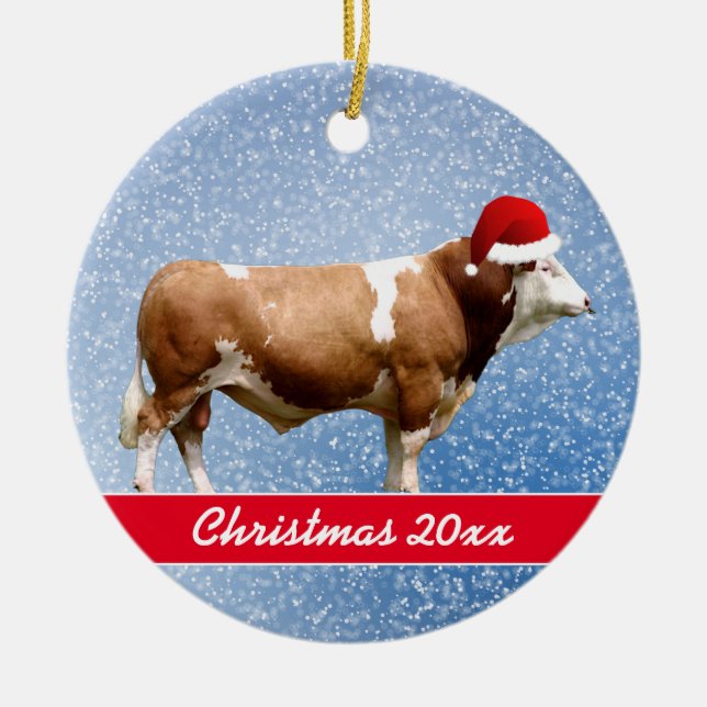 Simmental Bull and Weihnachtsmannmütze Keramik Orn Ornament (Vorne)