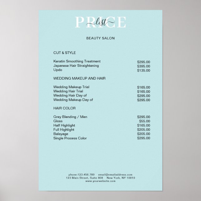 Simpel Blue Price List Poster (Vorne)