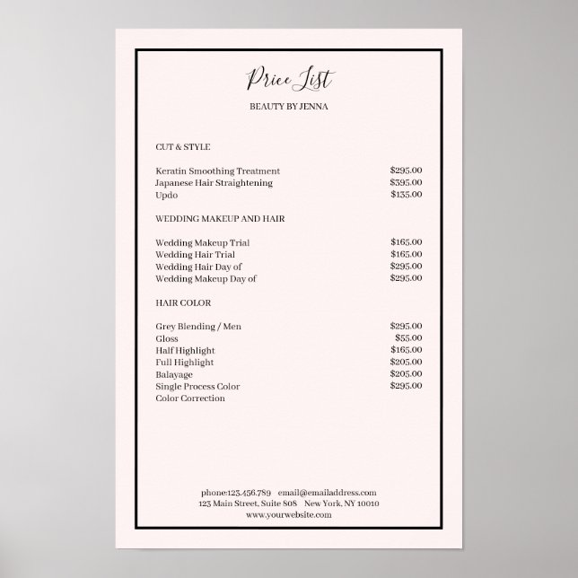 Simpel Lightpink Black Price List Poster (Vorne)