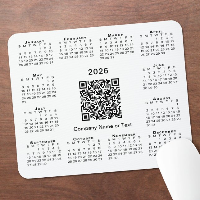 Simple 2026 Calendar Business QR Code on White Mousepad (Simple 2026 Calendar Business QR Code on White Mouse Pad, in situ)