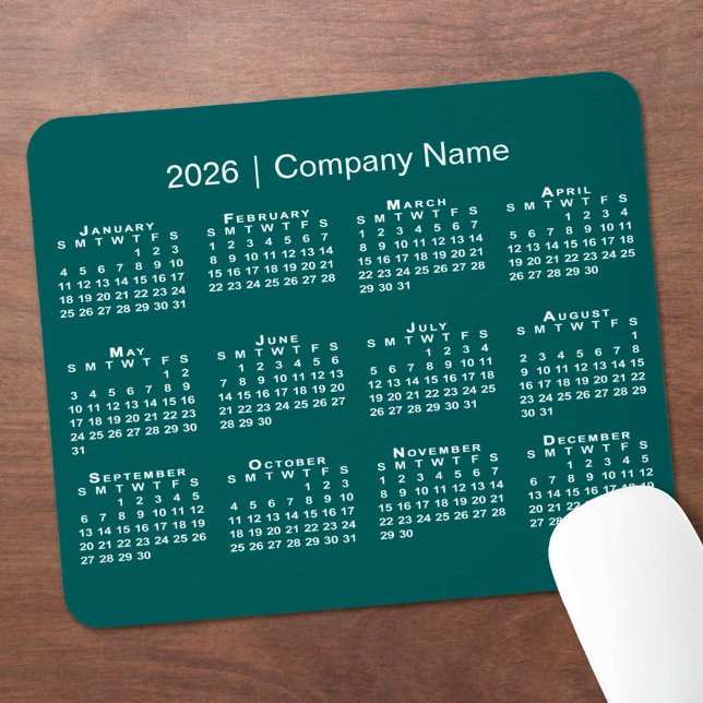 Simple 2026 Calendar Company Name on Blue-Green Mousepad (Simple 2026 Calendar Company Name on Blue-Green Mouse Pad, in situ)