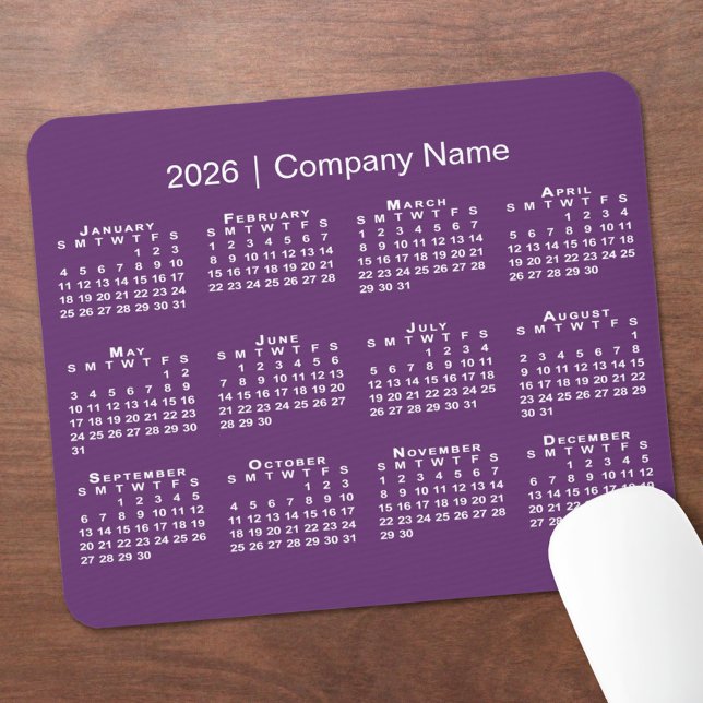Simple 2026 Calendar Company Name on Purple Mousepad (Simple 2026 Calendar Company Name on Purple Mouse Pad, in situ)