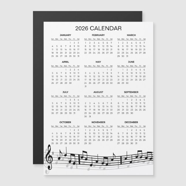 Simple 2026 Calendar with Musical Notes | Magnet (Vorne/Hinten)