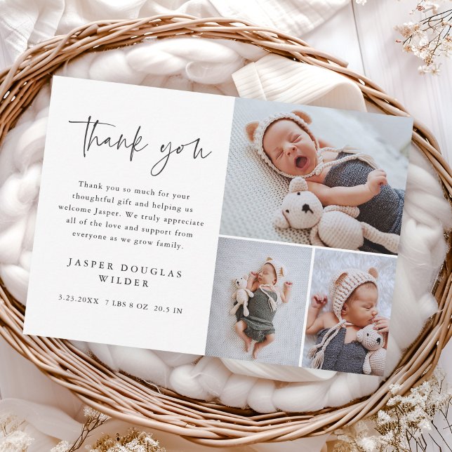 Simple 3 Photo Baby Dankeskarte (Simple modern script 3 photo collage baby announcement thank you cards.)