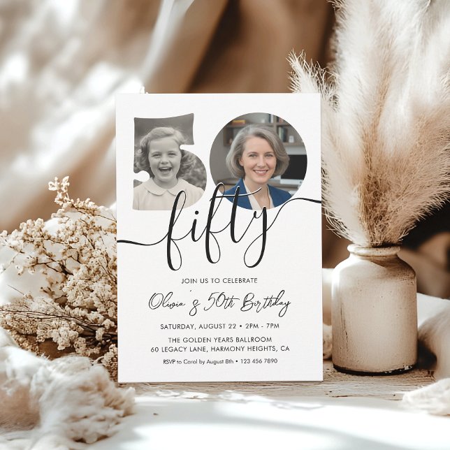 Simple Adult 50th Birthday Black and White Einladung (Von Creator hochgeladen)