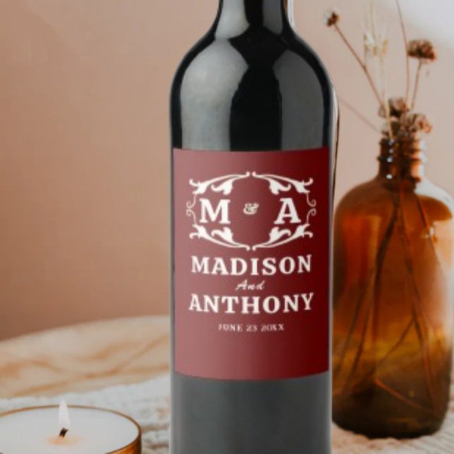 Simple and Elegant Sage Monogram Wedding Weinetikett (Von Creator hochgeladen)