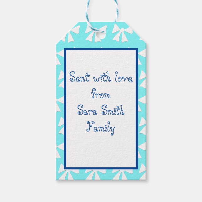Simple Aqua Blue and White Bow Muster Geschenkmark Geschenkanhänger (Vorderseite)