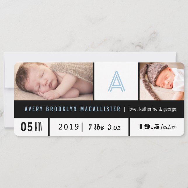 Simple Baby Boy Stats Blue Monogram 2 Foto Birth Ankündigung (Vorderseite)