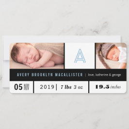 Simple Baby Boy Stats Blue Monogram 2 Foto Birth Ankündigung