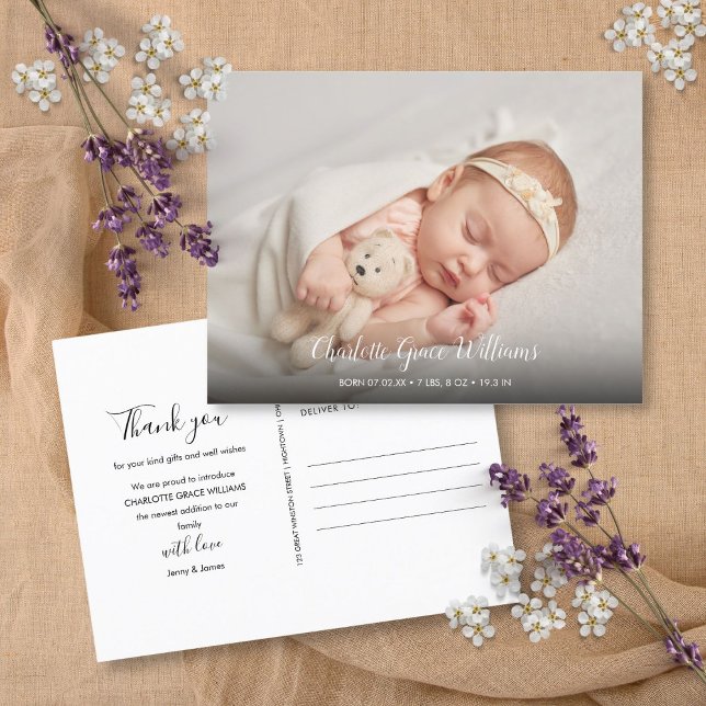 Simple Baby Foto Vielen Dank Elegant Script Birth Ankündigungspostkarte (Simple Baby Photo Thank You Elegant Script Birth Announcement Postcard)