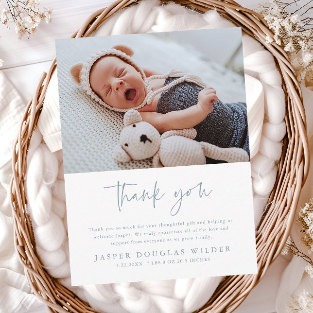 Simple Baby Photo Birth Stats Thank You Card Postkarte (Minimal script baby photo thank you cards.)