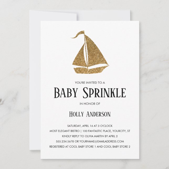 Simple Baby Sprinkle Imitate Gold Glitzer Sailboat Einladung (Vorderseite)
