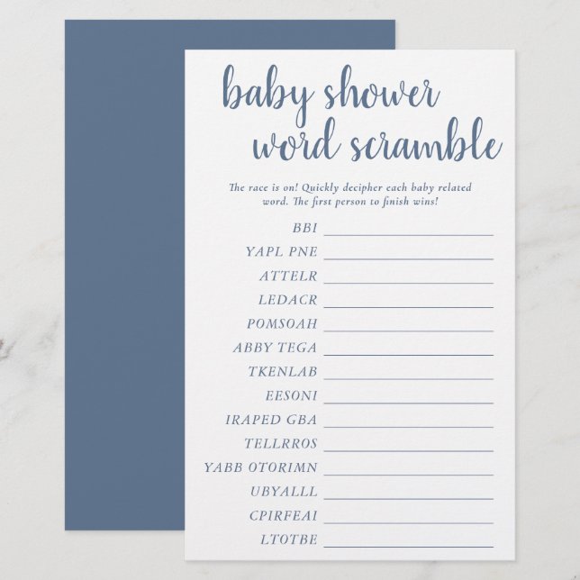 Simple Baby Word Scramble | Dusty Blue Game Card (Vorne/Hinten)