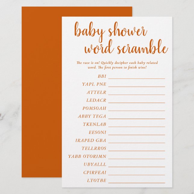 Simple Baby Word Scramble | Fall Orange Game Card (Vorne/Hinten)