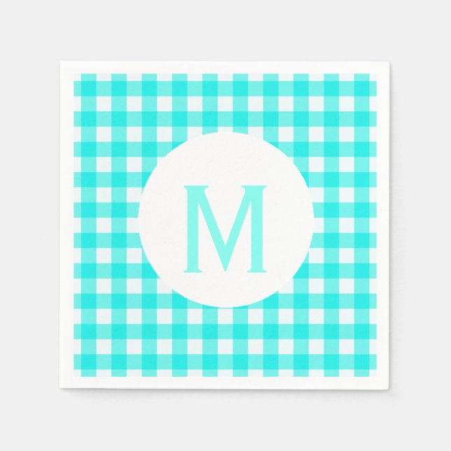 Simple Basic Turquoise Gingham Monogram Serviette (Vorderseite)