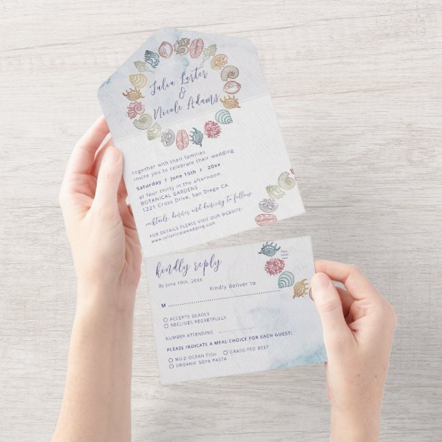 Simple Beach Ocean Seashell Wreath Wedding All In One Einladung (Abreißen)