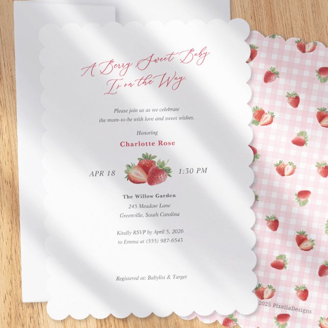 Simple Berry Sweet Strawberry Themed Baby Shower Einladung (Simple Berry Sweet Baby Girl Shower Invitation-Spring Baby Shower invites.)