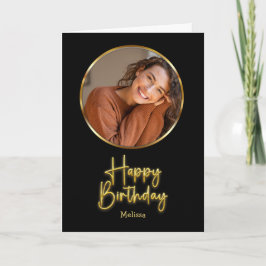 Simple Black and Gold Script Circle Photo Birthday Karte