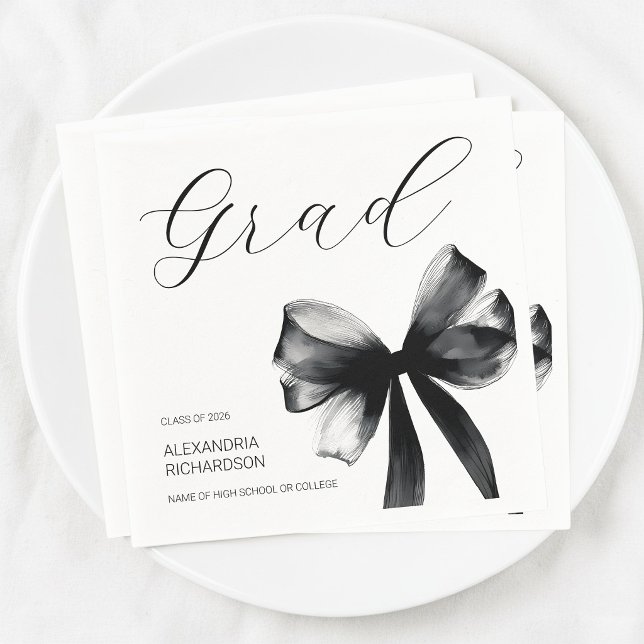 Simple Black and White Cute Bow Graduation Party Serviette (Simple Black and White Cute Bow Graduation Party Napkins)