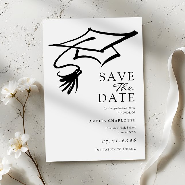 Simple Black and White Graduation Party Save The Date (Von Creator hochgeladen)