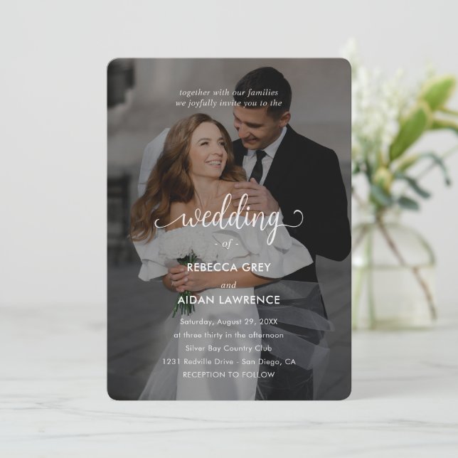Simple Black and White Overlay Photo Wedding  Einladung (Stehend Vorderseite)