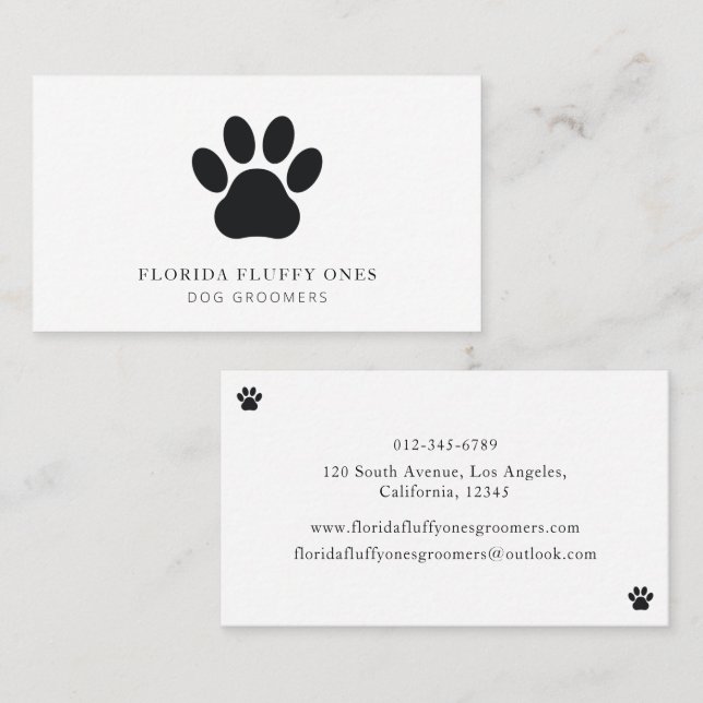 Simple Black and White Paw Print Dog Groomer Visitenkarte (Vorne/Hinten)