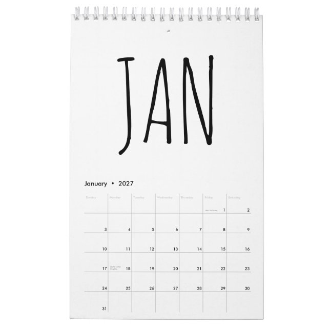 Simple Black and White Script Writing 2026 Kalender (Jan 2027)