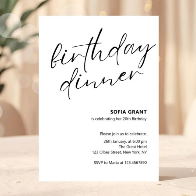 Simple Black and White Unisex Birthday Dinner Einladung (birthday dinner invitations, adult birthday dinner invites, any age, womens or mens birthday dinner,)