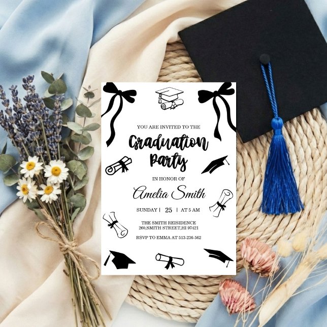 Simple  Black Bow graduation party invitation Einladung (Von Creator hochgeladen)