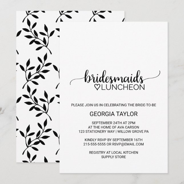 Simple Black Calligraphy Bridesmaids Luncheon Einladung (Vorne/Hinten)