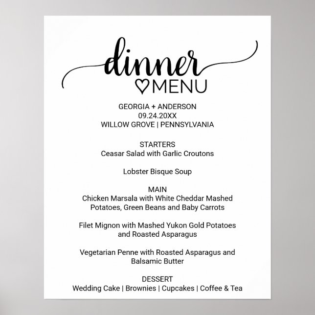 Simple Black Calligraphy Dinner Menu Sign Poster (Vorne)