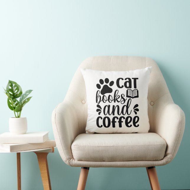 Simple Black "Cat Books and Coffee" Lover Gift Kissen (Stuhl )