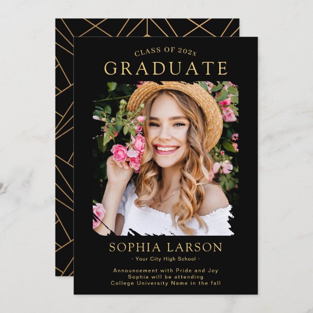 Simple Black Gold Brush Stroke Foto Abschluss Ankündigung (Vorne/Hinten)