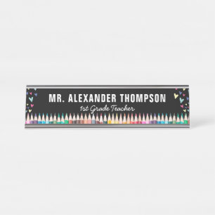 Simple Black Hearts Crayon School Teacher Educator Schreibtischnamensplakette