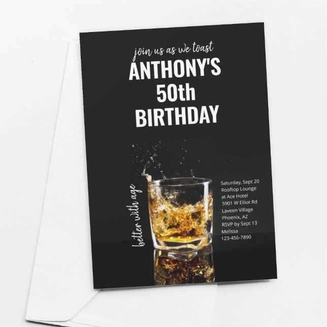 Simple Black Men's Whiskey Birthday Party Einladung (Von Creator hochgeladen)
