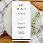 Simple Black & White Chic Monogram Dinner Wedding  Menükarte<br><div class="desc">A black and white elegant minimalist chic wedding dinner menu. Which features chic template design of solid white background and black typography . And monogram or initials at the top. With black stripes at the bottom and top.</div>