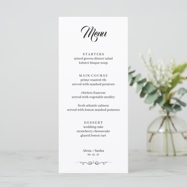 Simple Black & White Elegant Minimalist Wedding Menükarte (Stehend Vorderseite)