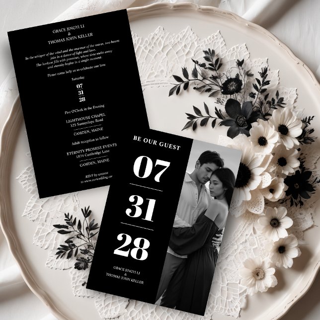 Simple Black & White Enchanting & Delicate Minimal Einladung (Simple Black & White Enchanting and Delicate Minimalist Photo Wedding Save the Dates Cards. )