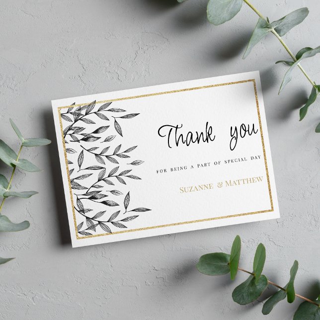 Simple black white gold floral foliage Thank You Einladung (Simple black white gold floral foliage Thank You )