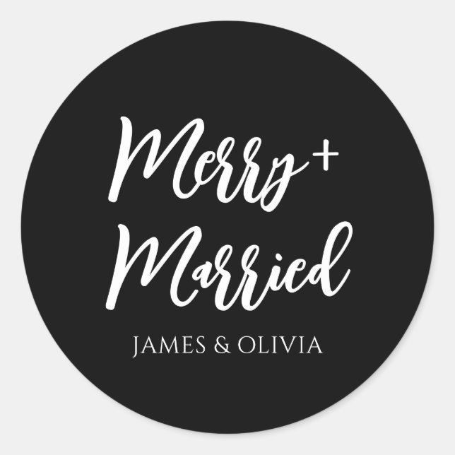 Simple Black & White Merry & Married Christmas Runder Aufkleber (Vorderseite)