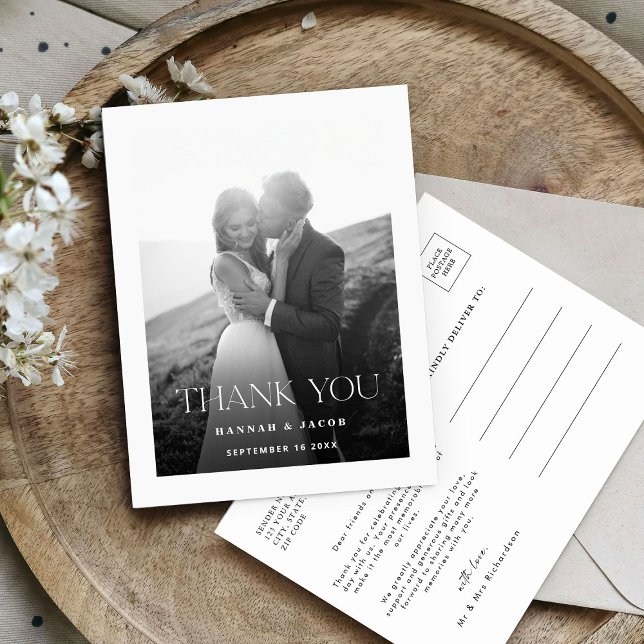 Simple Black White Photo Wedding Thank You Postkarte (Von Creator hochgeladen)